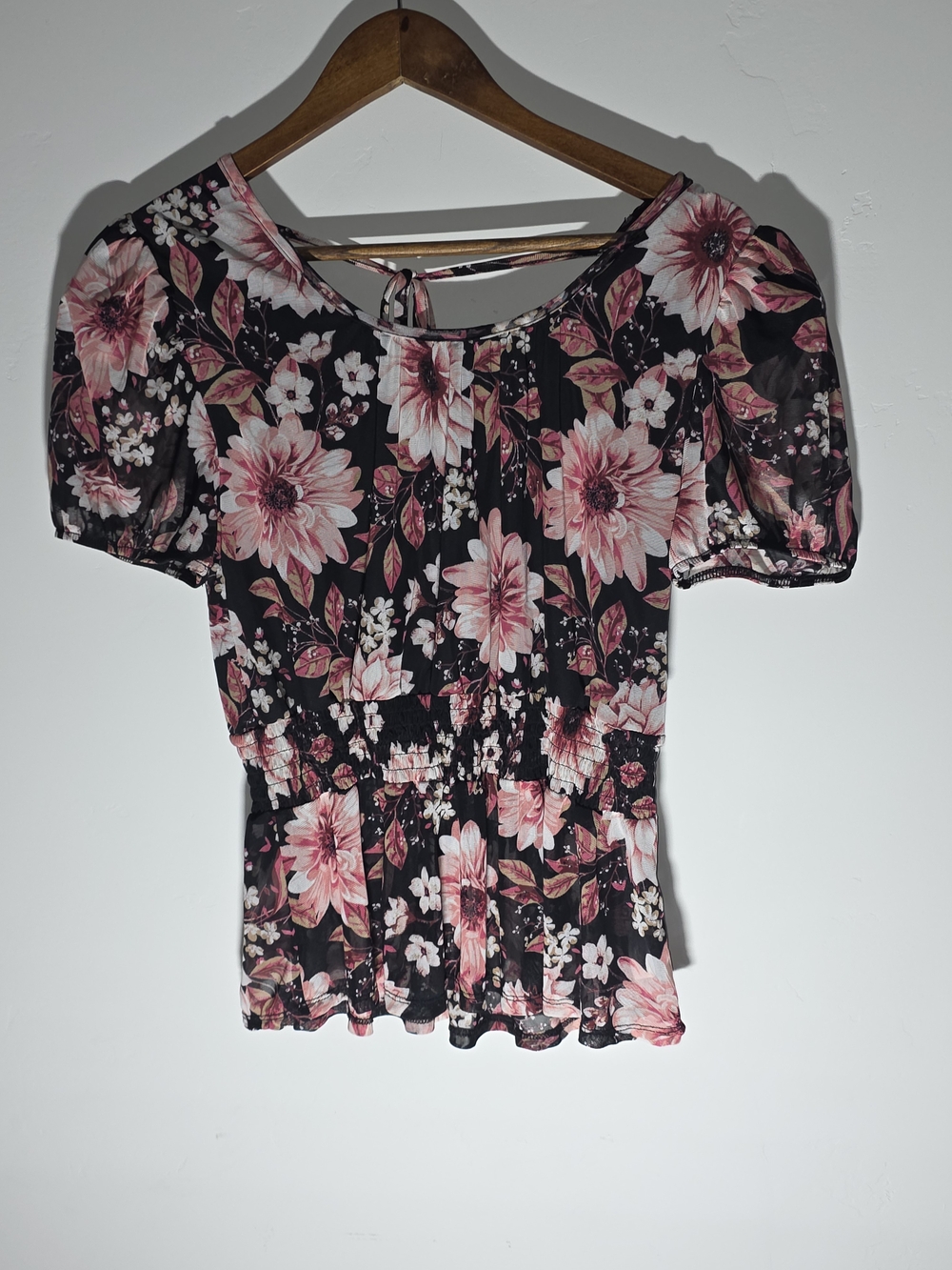 Floral Puff-Sleeve Smocked Blouse โ Black with Pink Floral